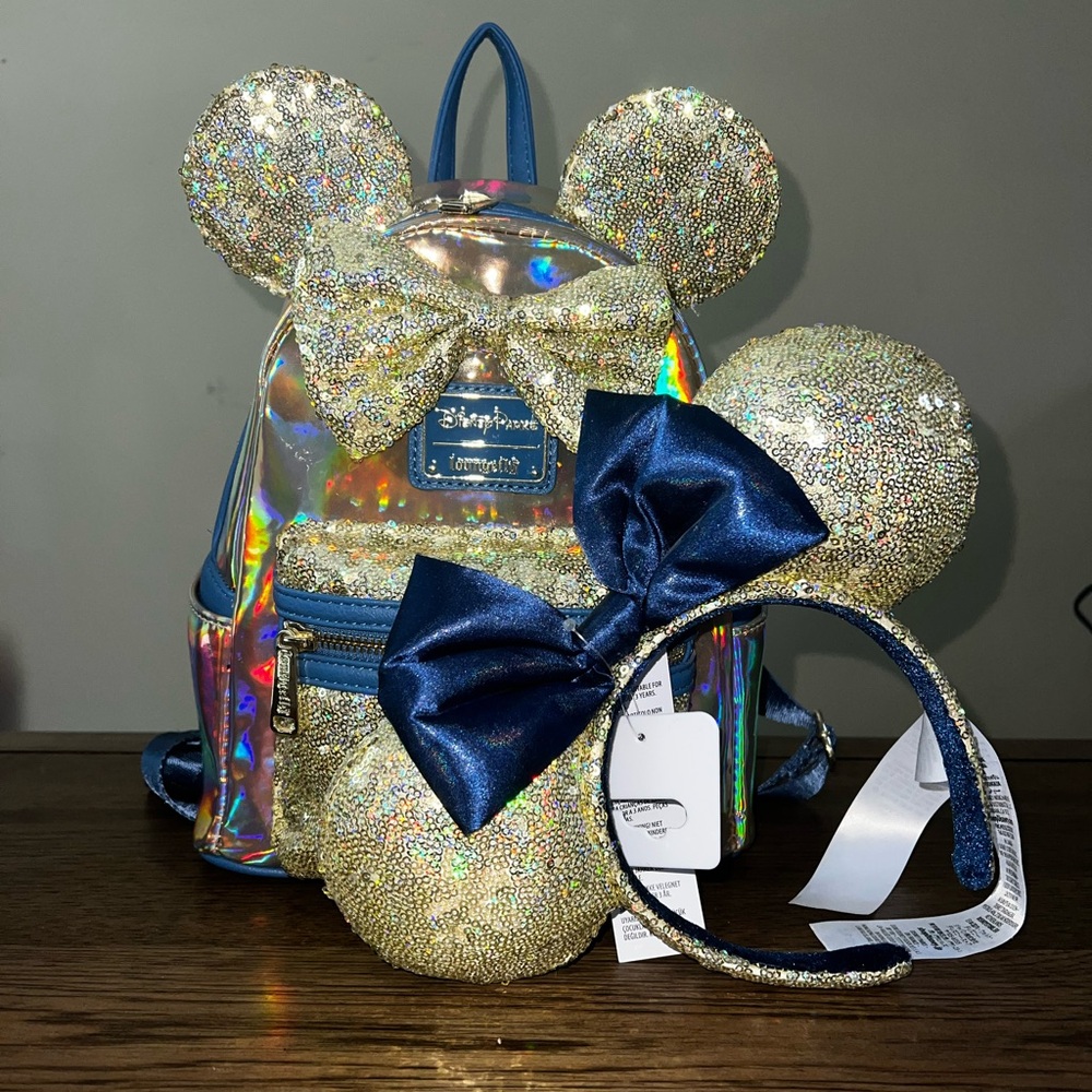 Disney Parks 50th Minnie  Sequins Iridescent Loungefly Backpack and Minnie Ears